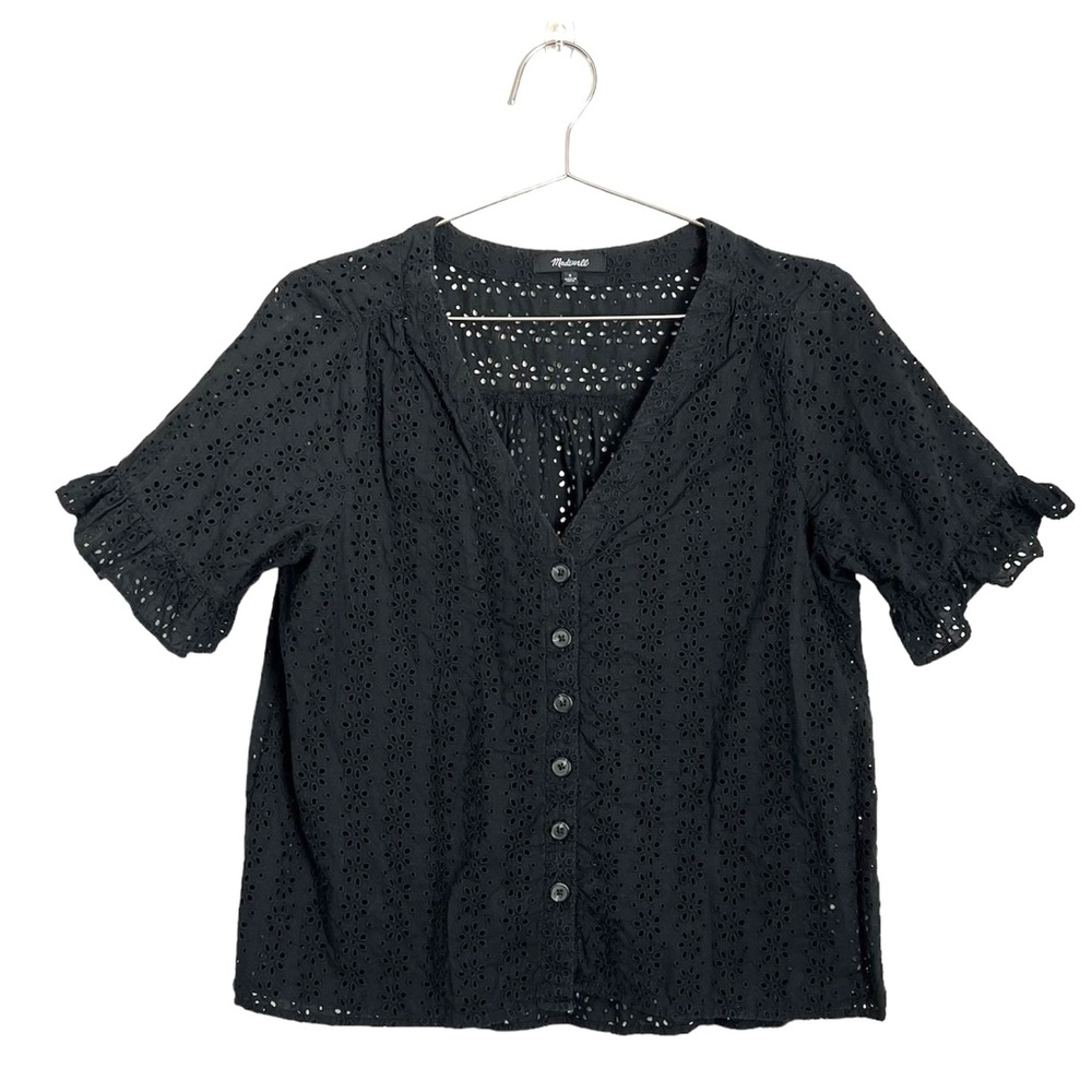 Madewell Black Eyelet Village Ruffle-Sleeve Shirt V-Neck Short Sleeve Lace Small